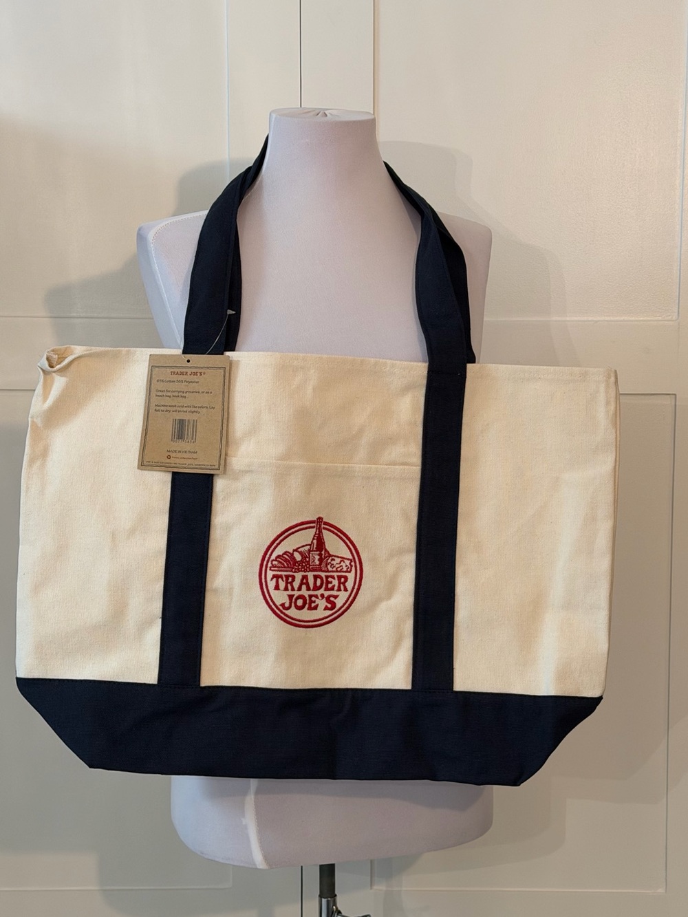 Trader Joe’s Large Canvas Tote Bag in Cream and Navy